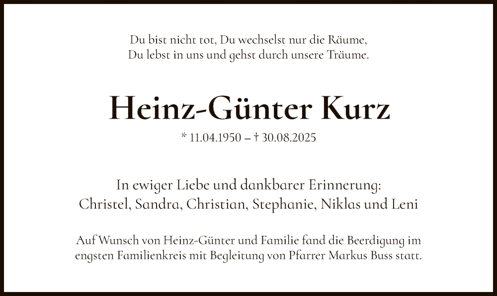  Traueranzeige für Heinz-Günter Kurz vom 27.09.2025 aus OFOP