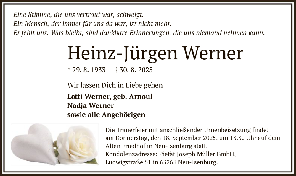  Traueranzeige für Heinz-Jürgen Werner vom 13.09.2025 aus OF0W