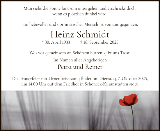 Traueranzeige von Heinz Schmidt von OFHA