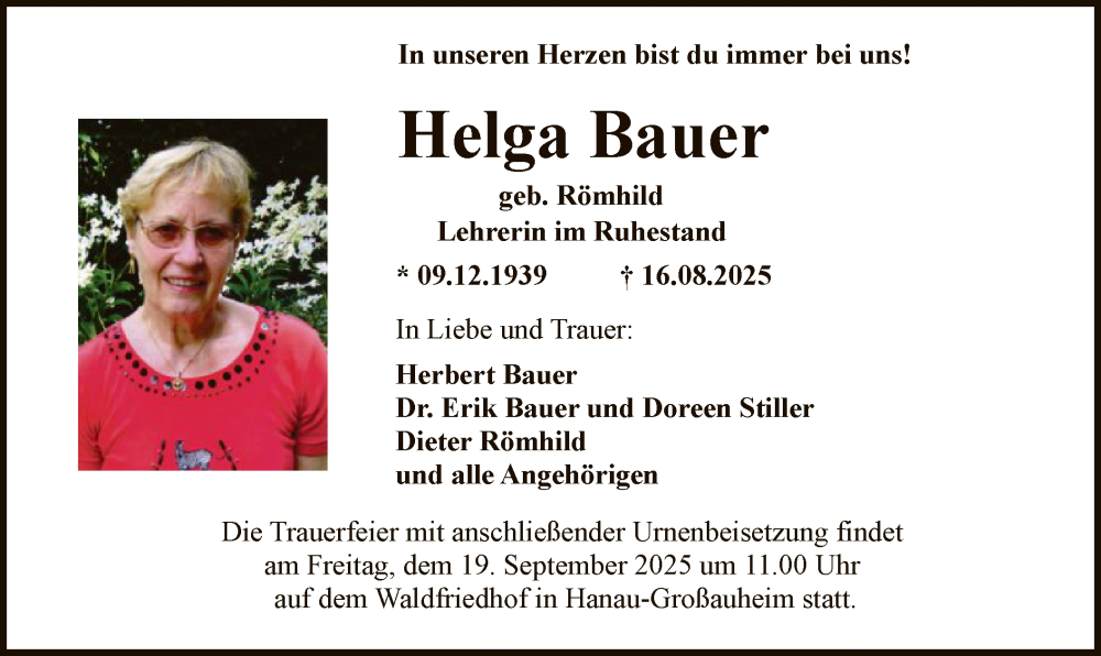  Traueranzeige für Helga Bauer vom 13.09.2025 aus OFHA