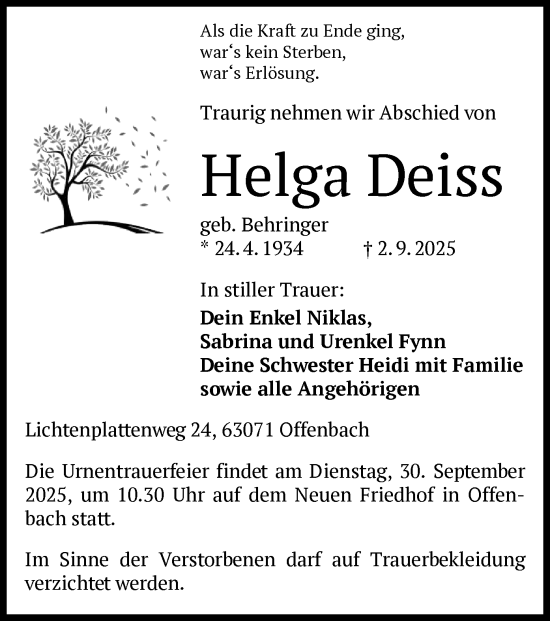 Traueranzeige von Helga Deiss von OFOP