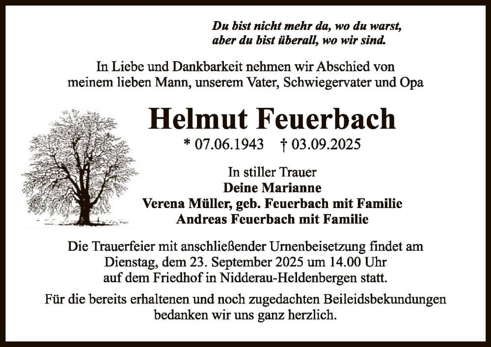  Traueranzeige für Helmut Feuerbach vom 20.09.2025 aus OFHA