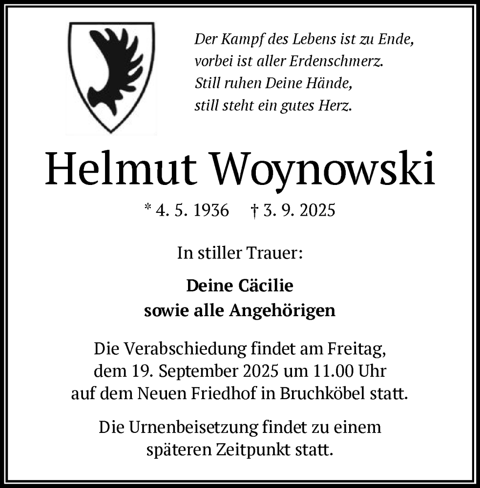  Traueranzeige für Helmut Woynowski vom 13.09.2025 aus OFHA