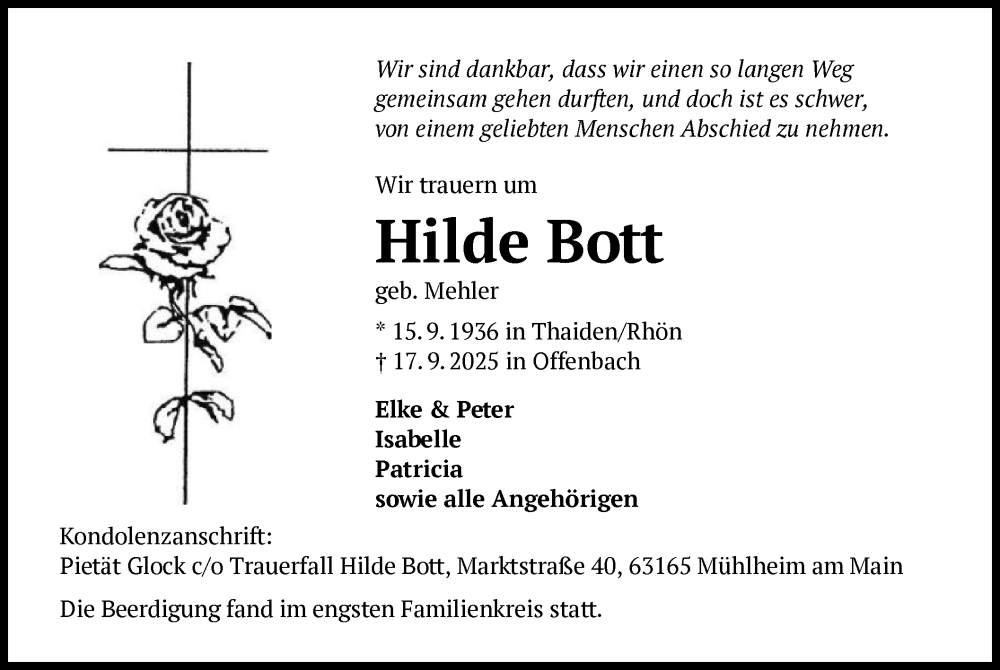  Traueranzeige für Hilde Bott vom 27.09.2025 aus OFOP