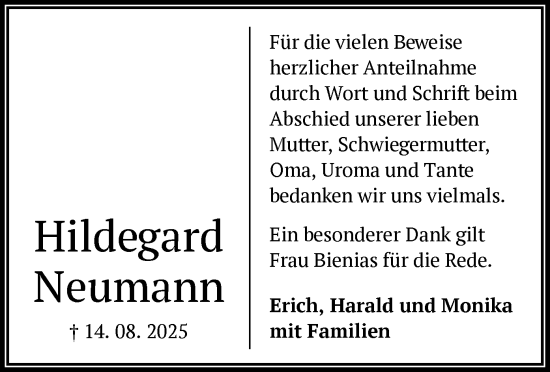 Traueranzeige von Hildegard Neumann von OFMF