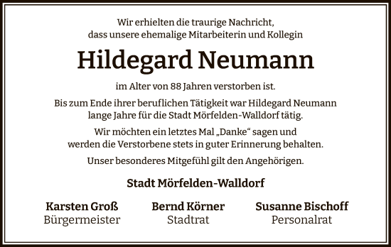 Traueranzeige von Hildegard Neumann von OFMF
