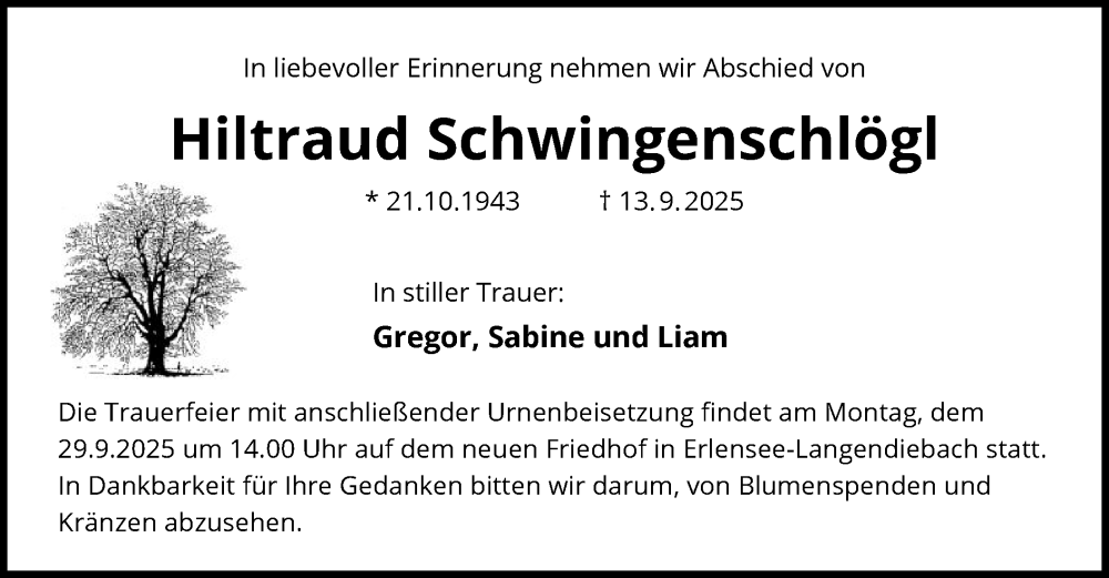  Traueranzeige für Hiltraud Schwingenschlögl vom 27.09.2025 aus OFHA