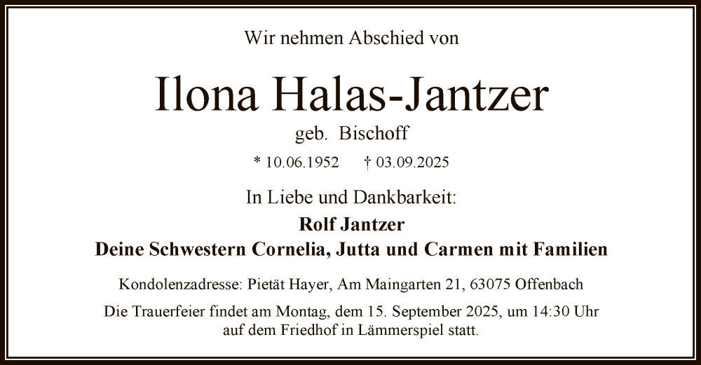  Traueranzeige für Ilona Halas-Jantzer vom 06.09.2025 aus OFOP