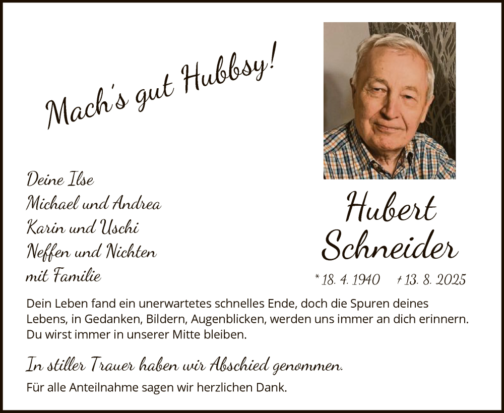  Traueranzeige für Hubert Schneider vom 06.09.2025 aus OF0L