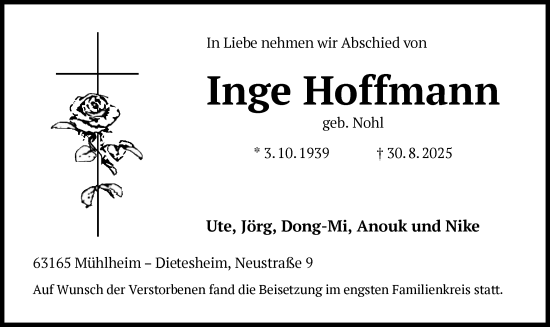 Traueranzeige von Inge Hoffmann von OFOP