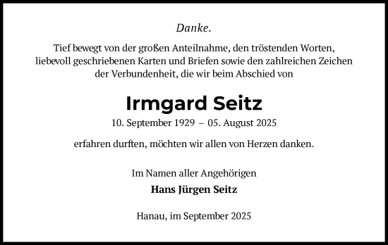 Traueranzeige von Irmgard Seitz von OFHA