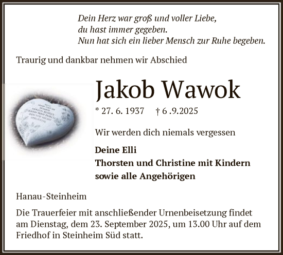 Traueranzeige von Jakob Wawok von OFOP
