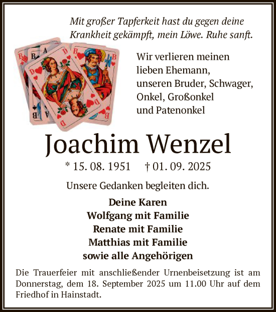 Traueranzeige von Joachim Wenzel von OF0L