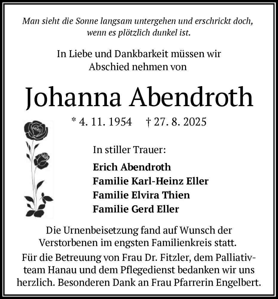  Traueranzeige für Johanna Abendroth vom 20.09.2025 aus OFHA