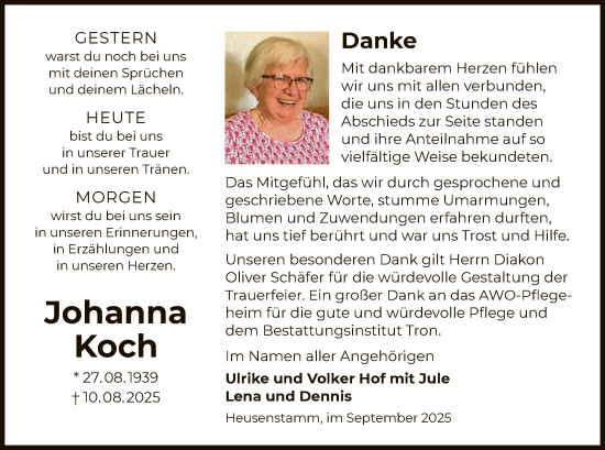 Traueranzeige von Johanna Koch von OF0T