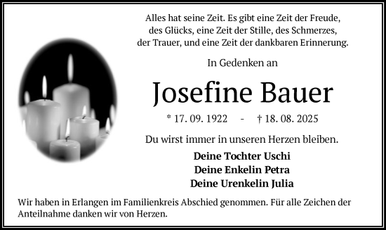 Traueranzeige von Josefine Bauer von OFOP