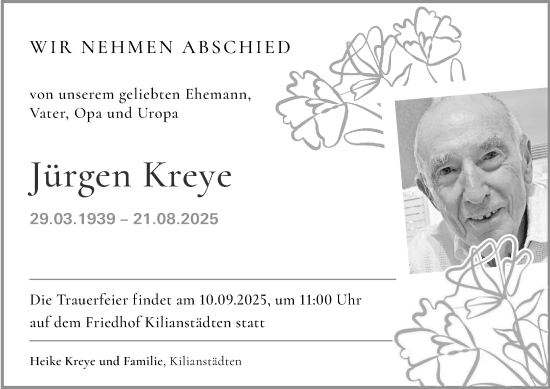 Traueranzeige von Jürgen Kreye von OFHA
