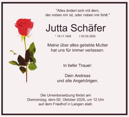 Traueranzeige von Jutta Schäfer von OF0W