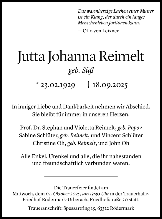 Traueranzeige von Jutta Johanna Reimelt von OFOP