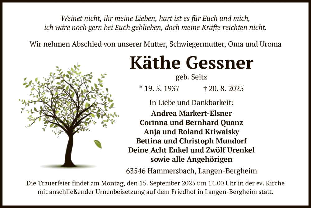  Traueranzeige für Käthe Gessner vom 13.09.2025 aus OFHA