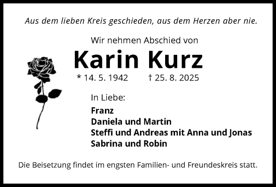 Traueranzeige von Karin Kurz von OFHA