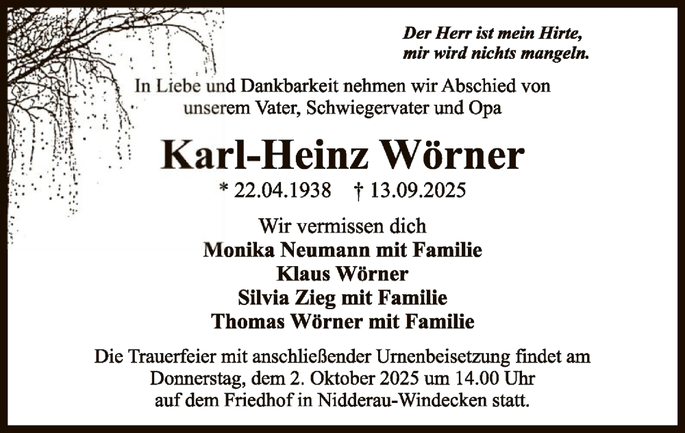  Traueranzeige für Karl-Heinz Wörner vom 27.09.2025 aus OFHA