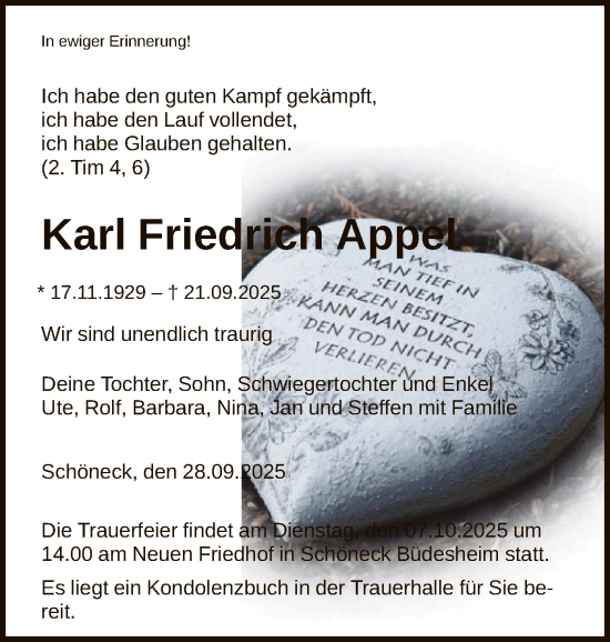 Traueranzeige von Karl Friedrich Appel von OFHA