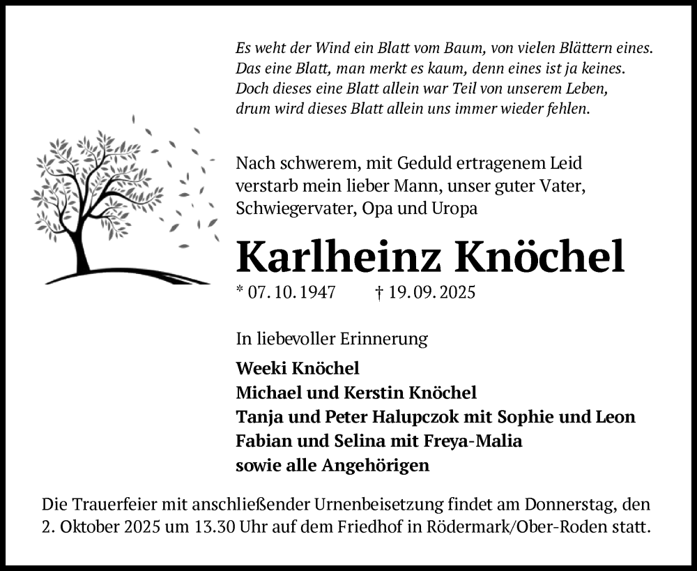  Traueranzeige für Karlheinz Knöchel vom 27.09.2025 aus OF0L