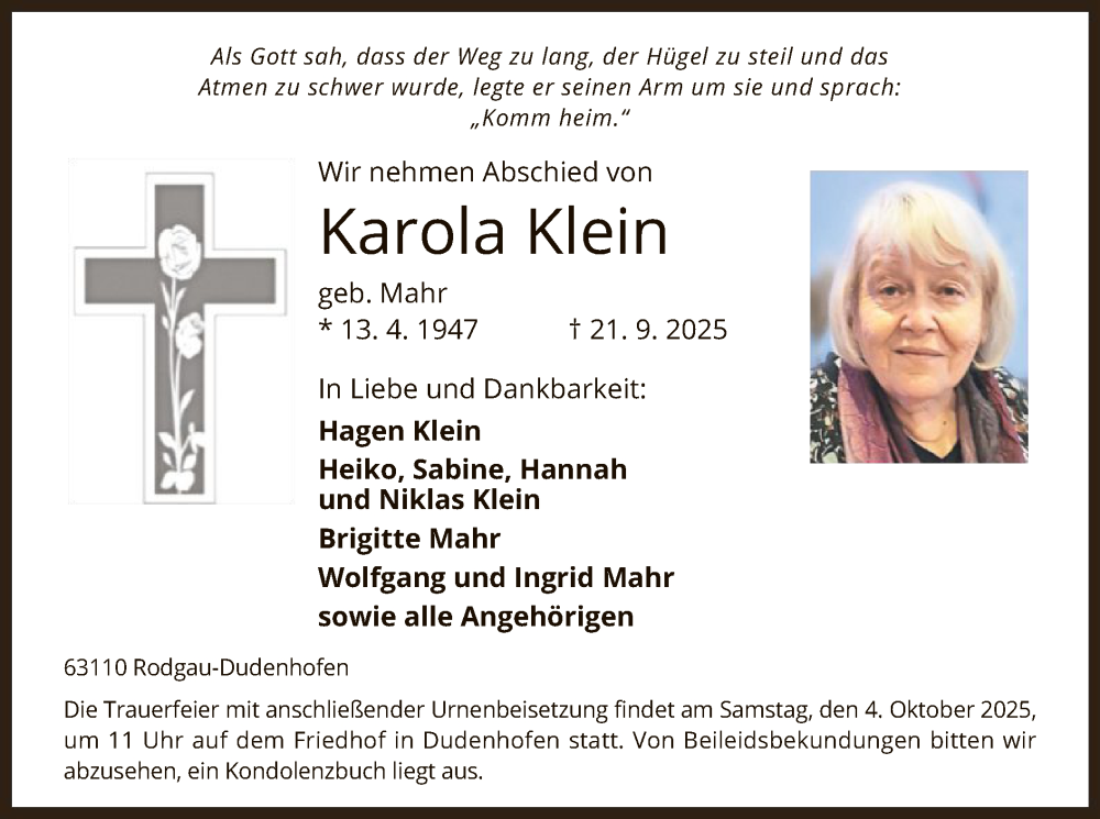  Traueranzeige für Karola Klein vom 27.09.2025 aus OFOP