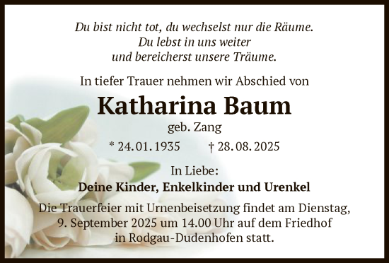 Traueranzeige von Katharina Baum von OF0L