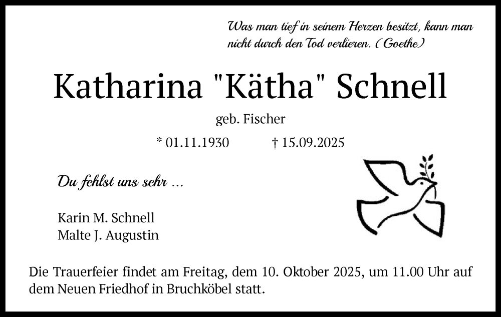  Traueranzeige für Katharina Schnell vom 27.09.2025 aus OFHA
