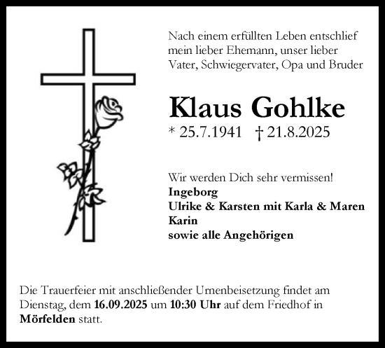 Traueranzeige von Klaus Gohlke von OFMF