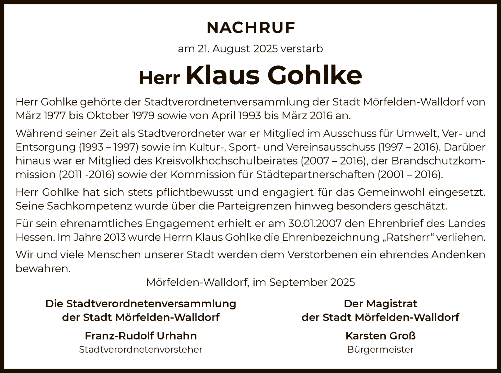  Traueranzeige für Klaus Gohlke vom 19.09.2025 aus OFMF