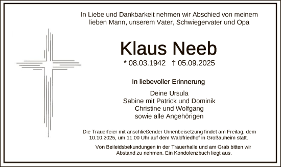 Traueranzeige von Klaus Neeb von OFHA