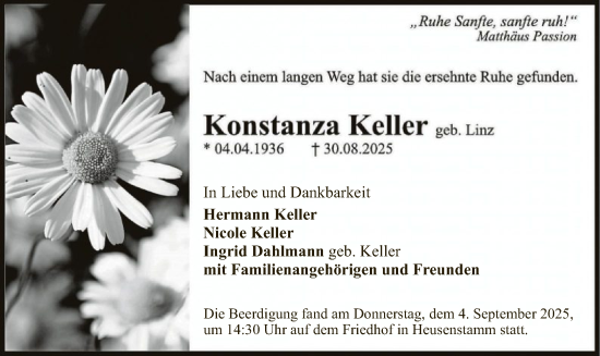 Traueranzeige von Konstanza Keller von OFOP