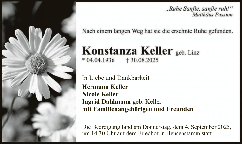  Traueranzeige für Konstanza Keller vom 06.09.2025 aus OFOP