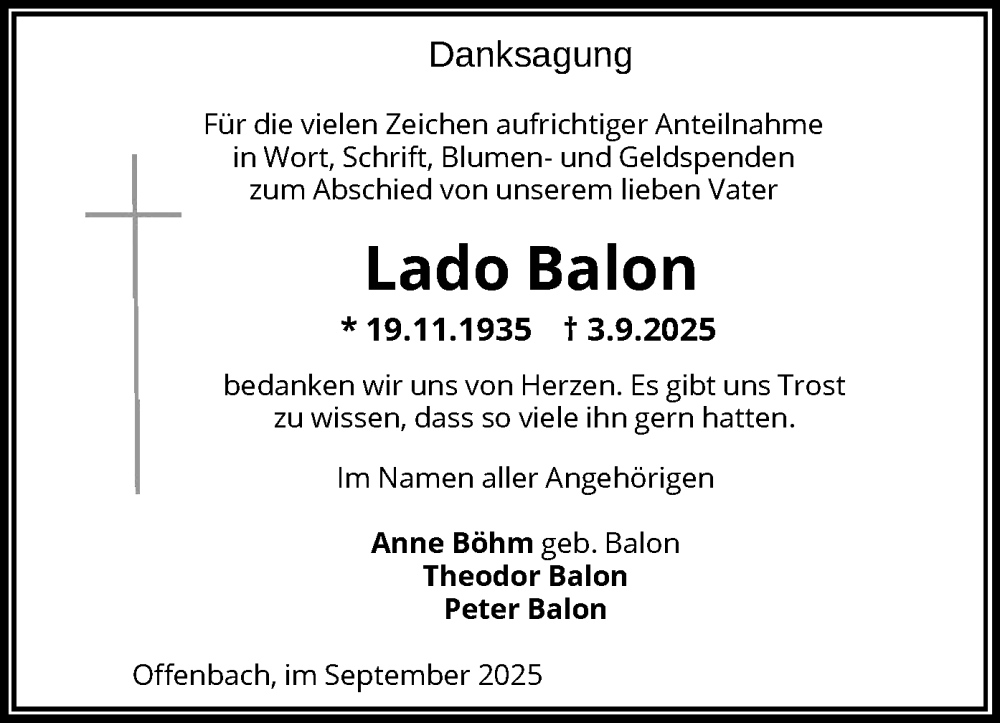  Traueranzeige für Lado Balon vom 27.09.2025 aus OFOP