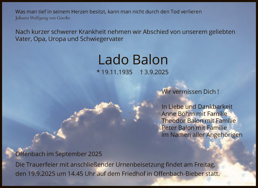  Traueranzeige für Lado Balon vom 13.09.2025 aus OFOP
