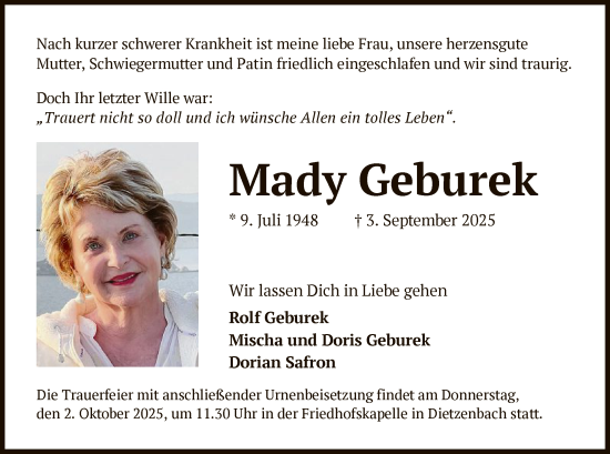 Traueranzeige von Mady Geburek von OFOP