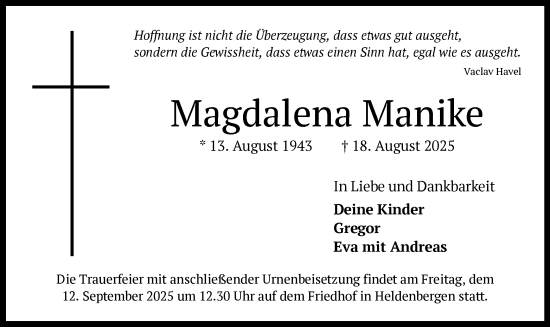 Traueranzeige von Magdalena Manike von OFHA