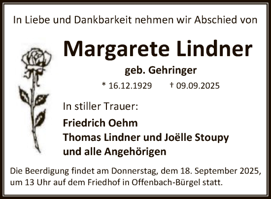 Traueranzeige von Margarete Lindner von OFOP