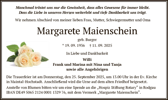 Traueranzeige von Margarete Maienschein von OFHA