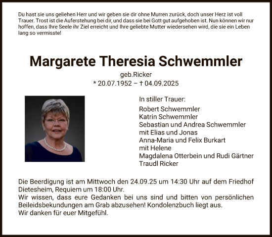 Traueranzeige von Margarete Theresia Schwemmler von OFOP