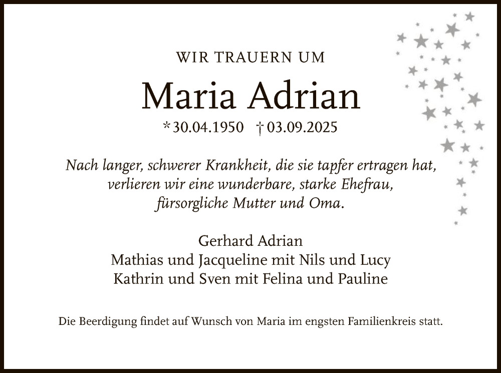  Traueranzeige für Maria Adrian vom 13.09.2025 aus OFHA
