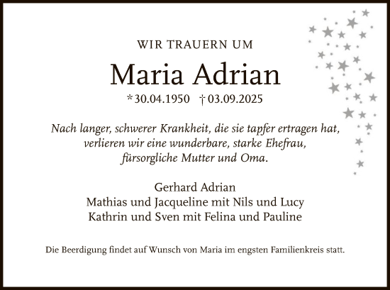 Traueranzeige von Maria Adrian von OFHA