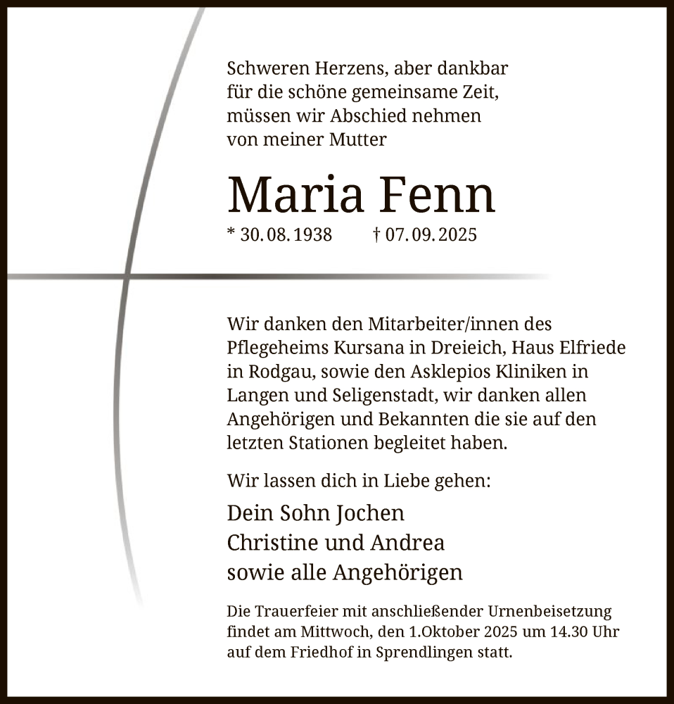  Traueranzeige für Maria Fenn vom 27.09.2025 aus OFOP