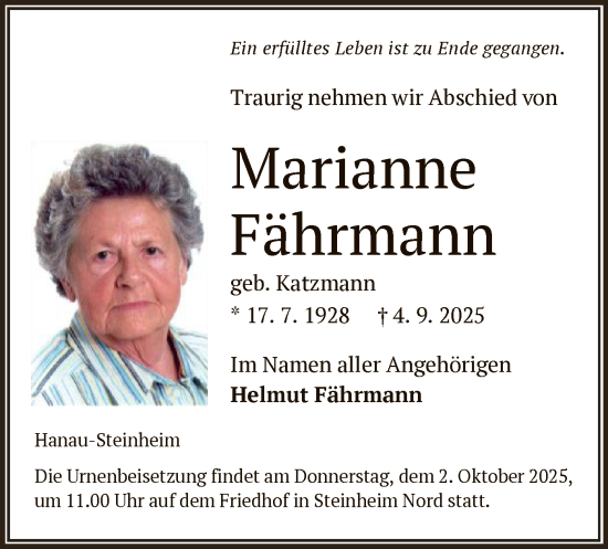 Traueranzeige von Marianne Fährmann von OFOP