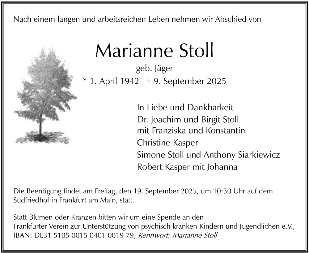  Traueranzeige für Marianne Stoll vom 16.09.2025 aus OFOP
