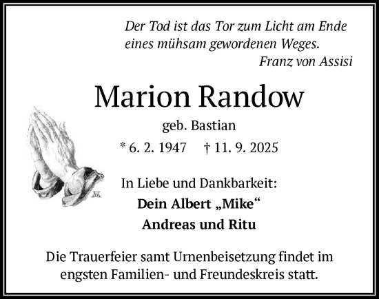 Traueranzeige von Marion Randow von OFHA