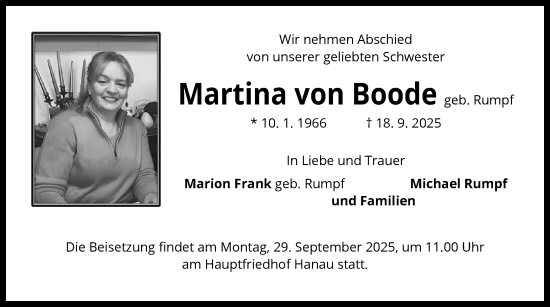 Traueranzeige von Martina von Boode von OFHA